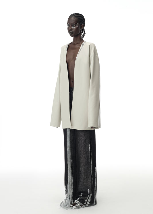Leather Collarless Blazer with Silver Hem