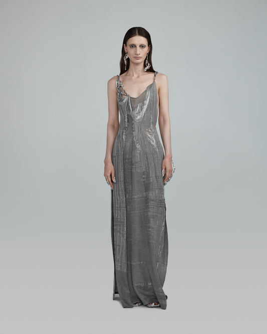 Silver Knit Metal Shoulder Straps Maxi Dress